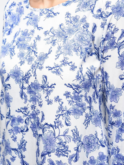 Women's Sky Blue Polyster Printed Bell Sleeve Round Neck Dress