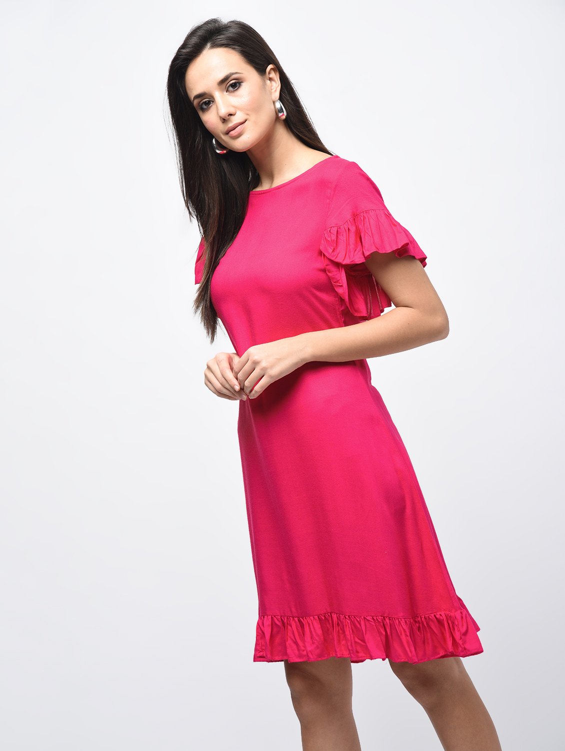 Women's Pink Rayon Solid Flared Sleeve Round Neck Dress