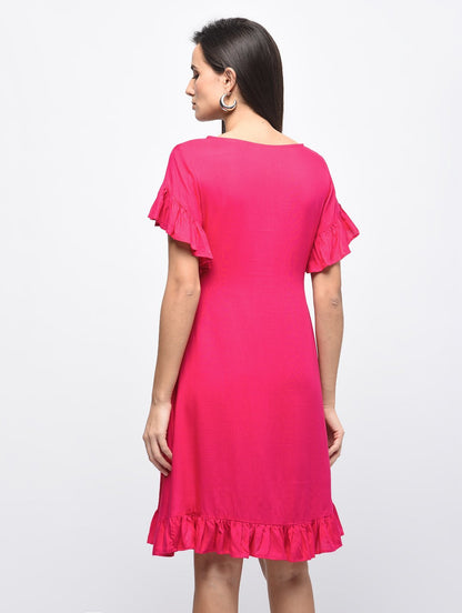 Women's Pink Rayon Solid Flared Sleeve Round Neck Dress