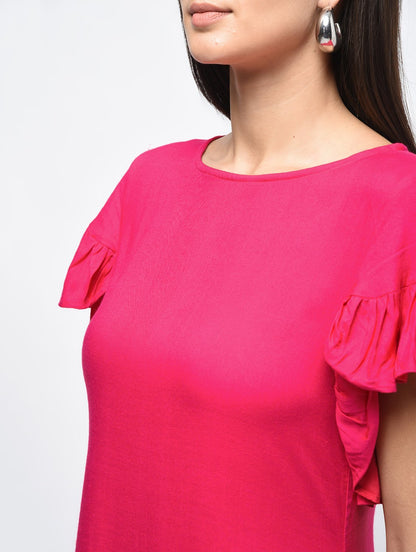 Women's Pink Rayon Solid Flared Sleeve Round Neck Dress