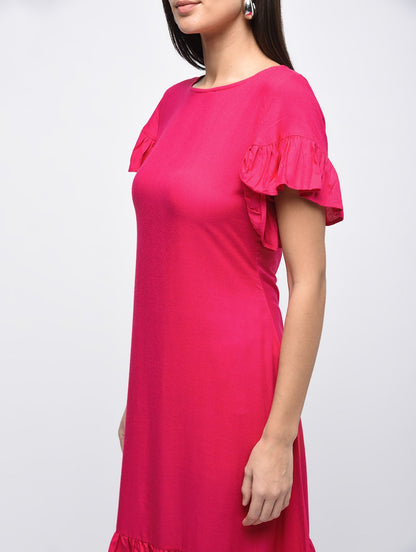 Women's Pink Rayon Solid Flared Sleeve Round Neck Dress