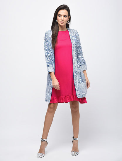 Women's Pink Rayon Solid Flared Sleeve Round Neck Dress