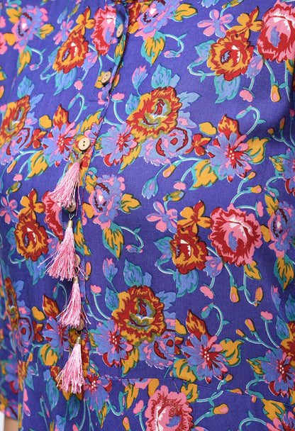 Women's Blue Rayon Printed Half Sleeve Round Neck Casual Kurta Only
