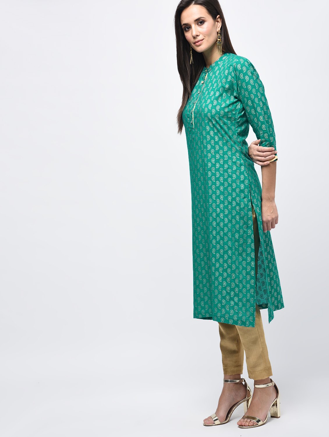 Women's Dark Green Polyster Solid Sleeveless V-Neck Dress