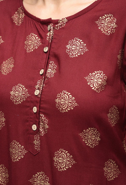 Women Maroon Printed Kurta by Myshka (