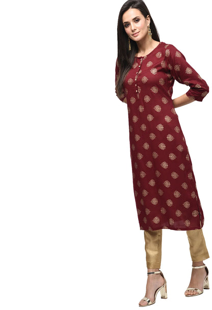 Women Maroon Printed Kurta by Myshka (