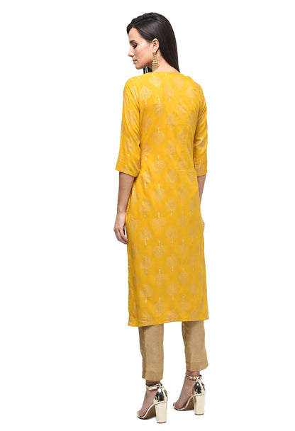 Women's Yellow Rayon Printed 3/4 Sleeve Round Neck Casual Kurta Only