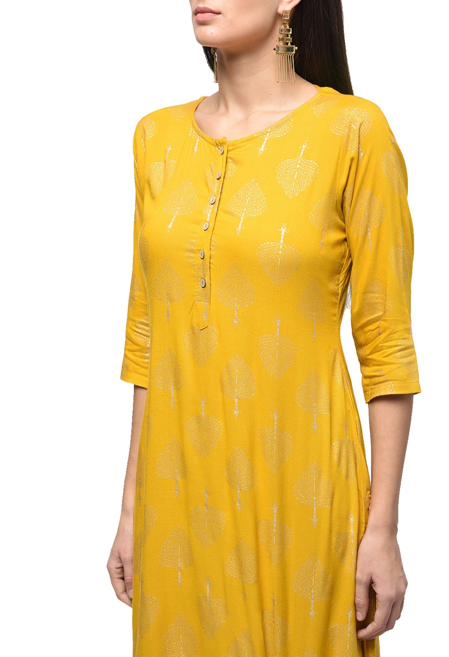 Women's Yellow Rayon Solid Half Sleeve Round Neck Casual Kurta Only