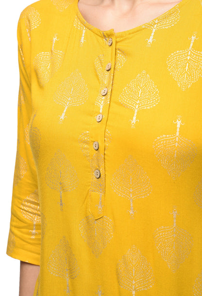 Women's Yellow Rayon Printed 3/4 Sleeve Round Neck Casual Kurta Only