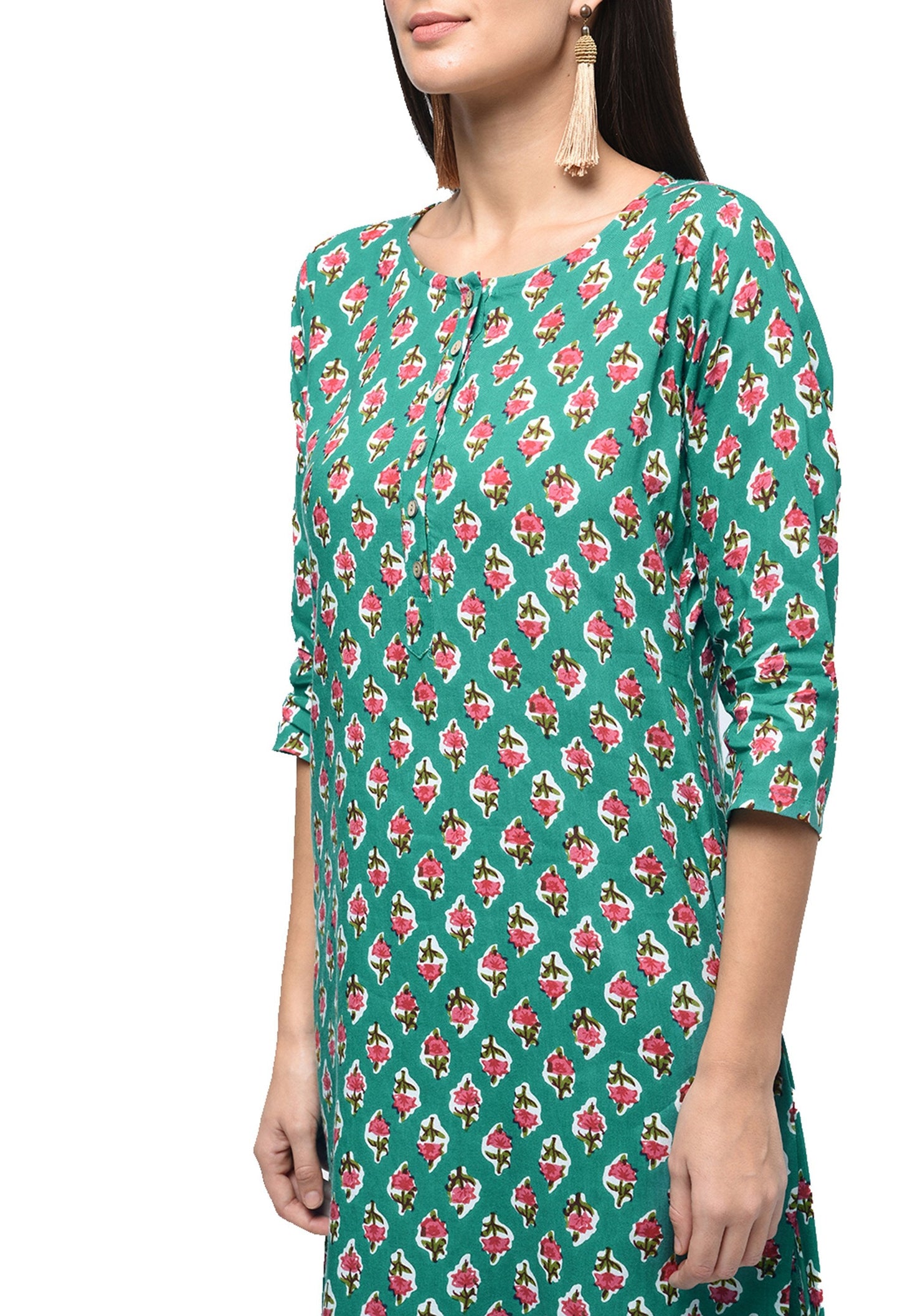 Women's Green Rayon Printed Regular Sleeves Round Neck Casual Kurta Only