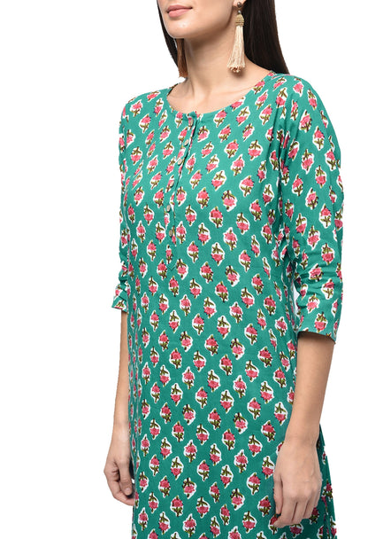 Women's Green Rayon Printed Regular Sleeves Round Neck Casual Kurta Only