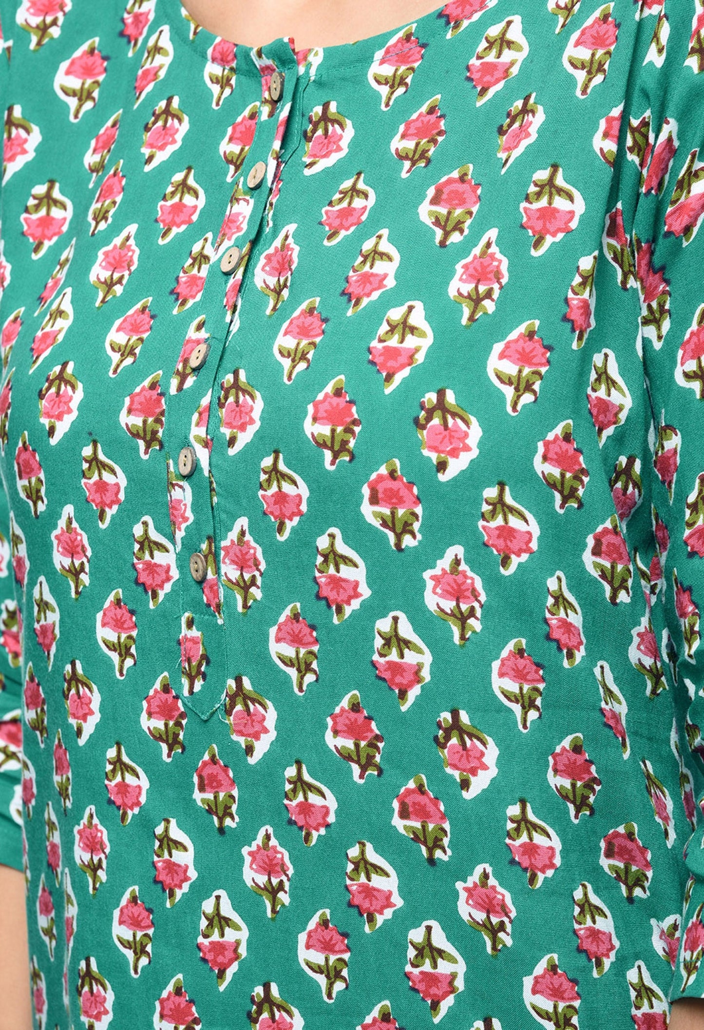 Women's Green Rayon Printed Regular Sleeves Round Neck Casual Kurta Only