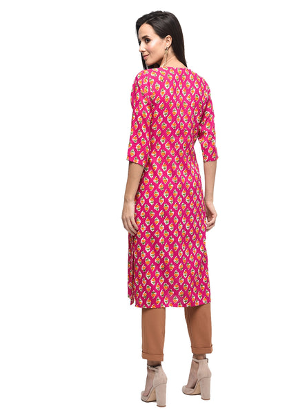 Women's Pink Rayon Printed Regular Sleeves Round Neck Casual Kurta Only