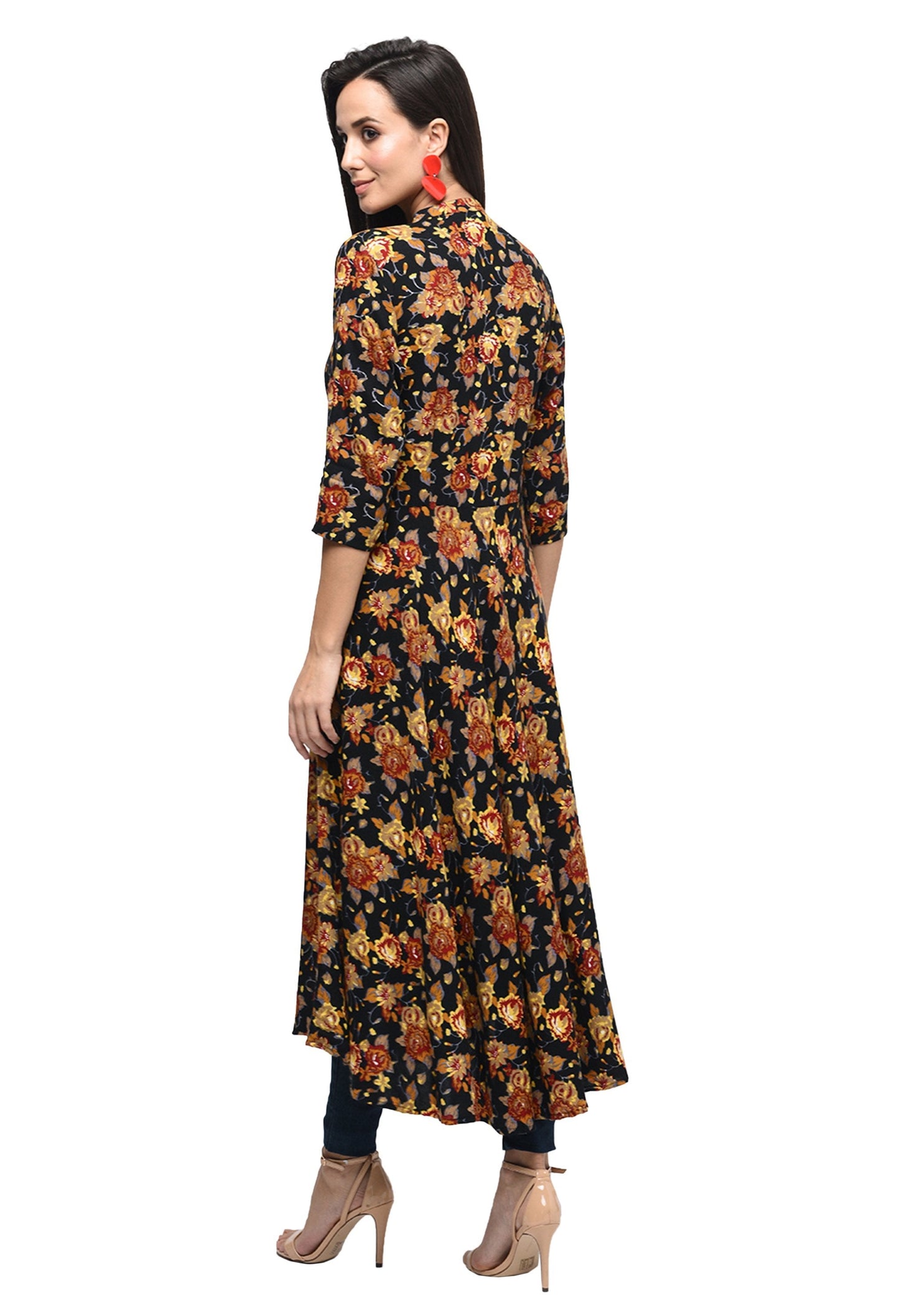 Women's Black Rayon Printed Regular Sleeves Collared Neck Casual Kurta Only