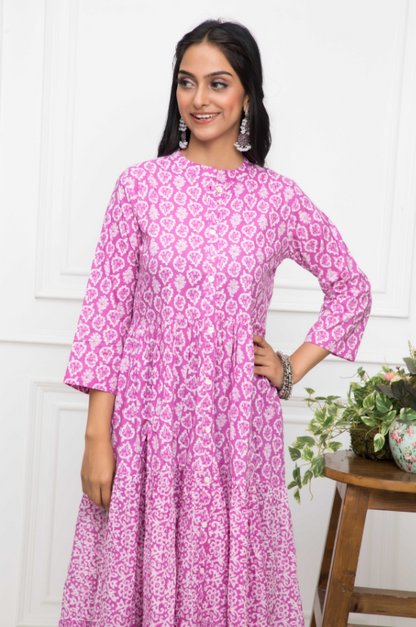 Women's Pink Floral Cotton A-Line Mandarin Collar Long Dress
