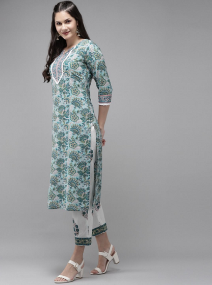 Women's Green Hand Block Printed Kurta With Trouser And Dupatta