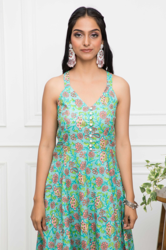 Women's Green Floral Cotton A-Line Round Neck Long Dress