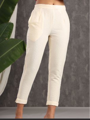 Women's Ivory Cotton Dobby Straight Pants
