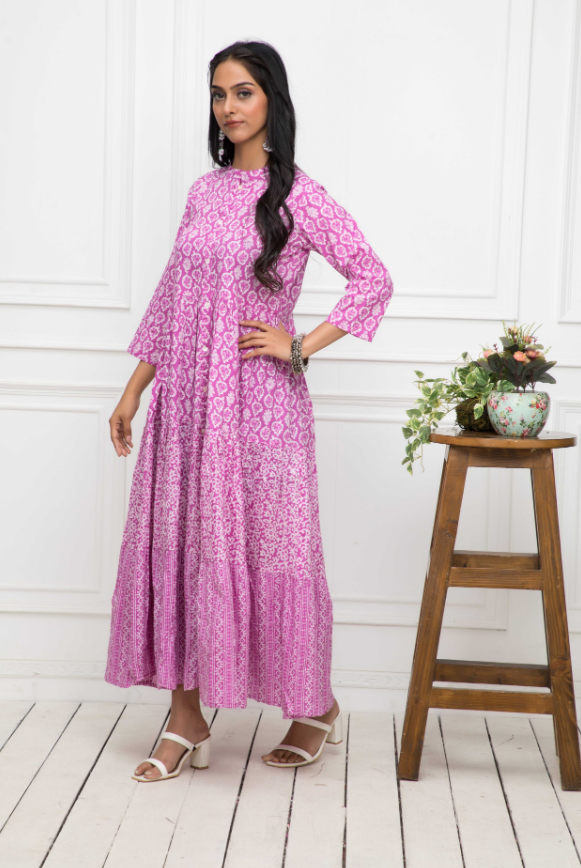 Women's Pink Floral Cotton A-Line Mandarin Collar Long Dress