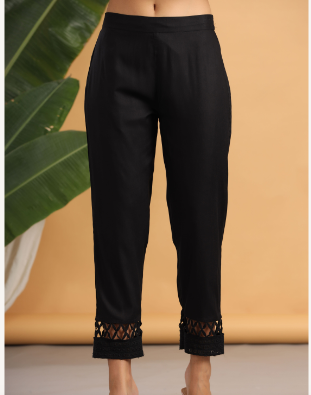 Women's Black Rayon Solid Straight Pants
