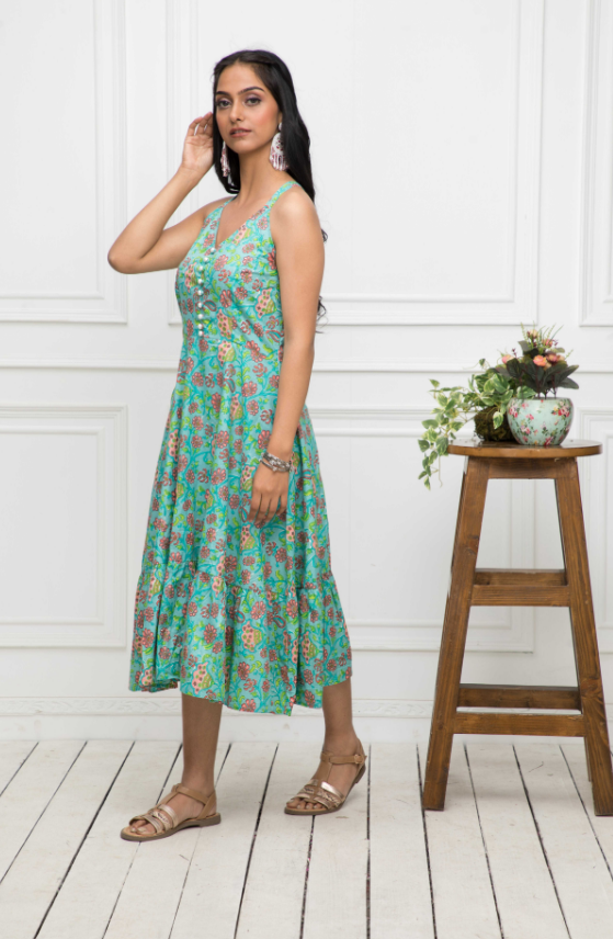 Women's Green Floral Cotton A-Line Round Neck Long Dress