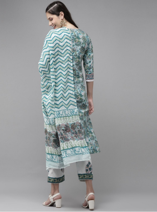Women's Green Hand Block Printed Kurta With Trouser And Dupatta