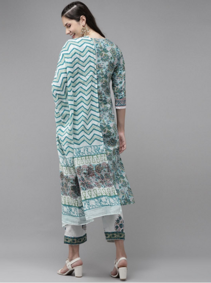Women's Green Hand Block Printed Kurta With Trouser And Dupatta