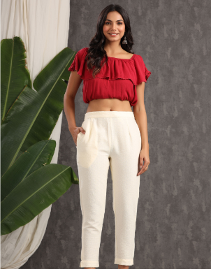 Women's Ivory Cotton Dobby Straight Pants