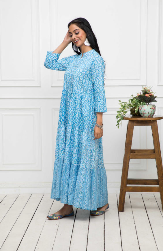 Women's Blue Floral Cotton A-Line Mandarin Collar Long Dress