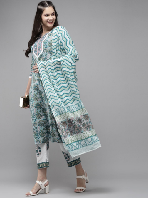 Women's Green Hand Block Printed Kurta With Trouser And Dupatta