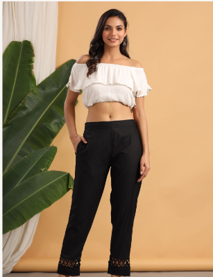 Women's Black Rayon Solid Straight Pants