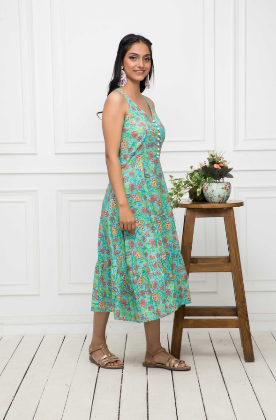 Women's Green Floral Cotton A-Line Round Neck Long Dress