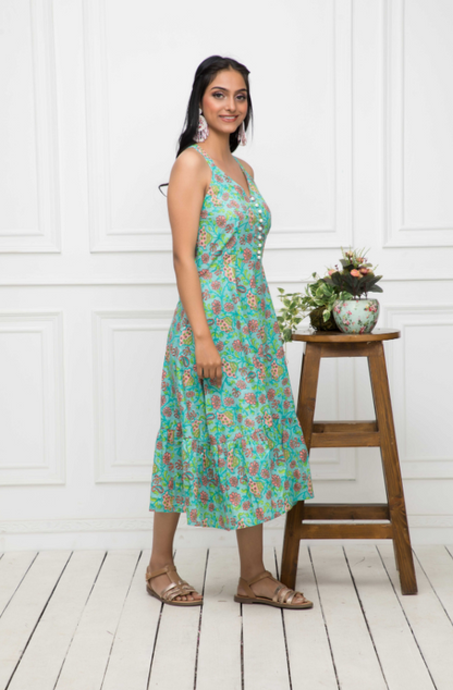 Women's Green Floral Cotton A-Line Round Neck Long Dress