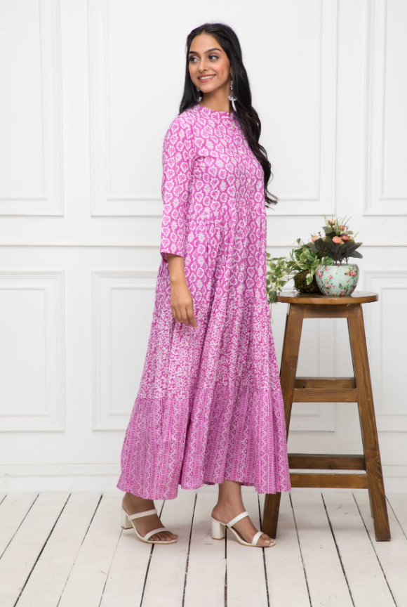 Women's Pink Floral Cotton A-Line Mandarin Collar Long Dress