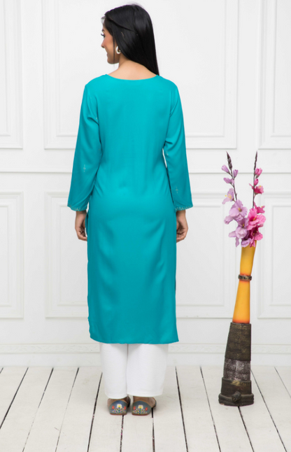 Women's Blue Solid Rayon Straight Round Neck Kurtas