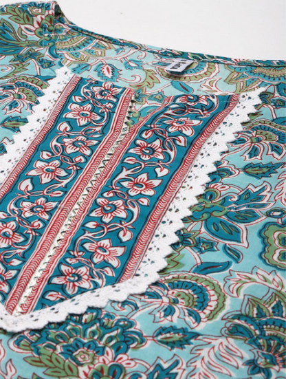 Women's Green Hand Block Printed Kurta With Trouser And Dupatta
