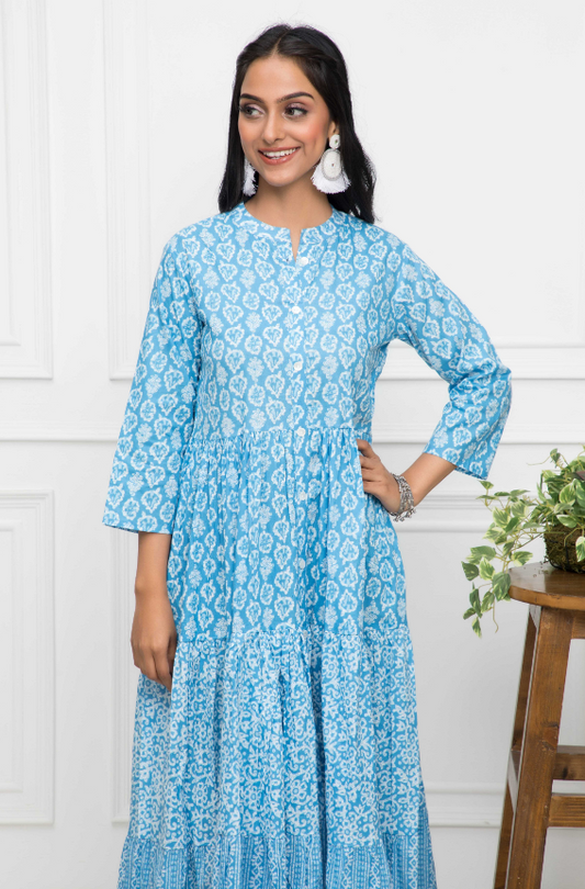 Women's Blue Floral Cotton A-Line Mandarin Collar Long Dress