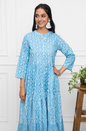 Women's Blue Floral Cotton A-Line Mandarin Collar Long Dress