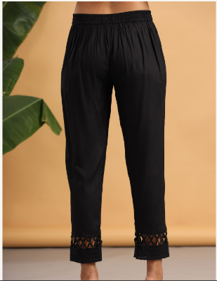 Women's Black Rayon Solid Straight Pants