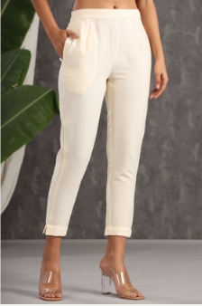 Women's Ivory Cotton Dobby Straight Pants