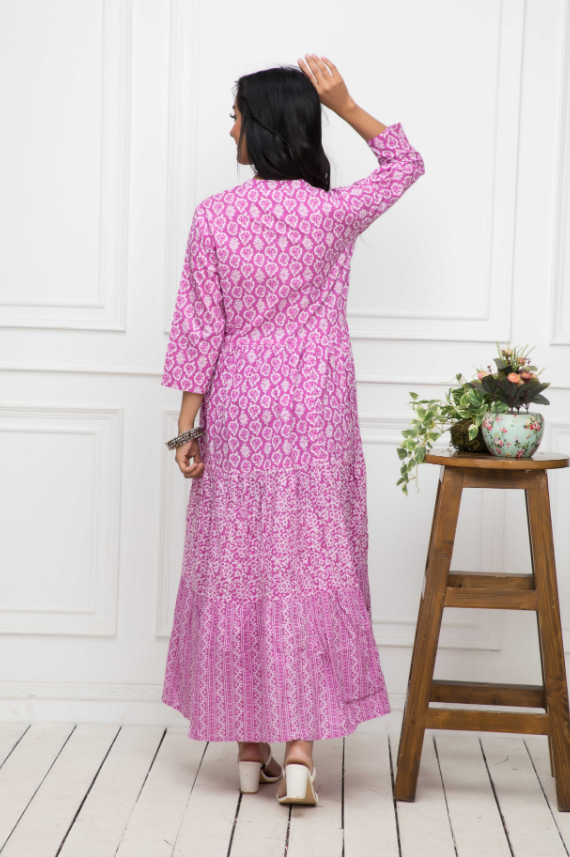 Women's Pink Floral Cotton A-Line Mandarin Collar Long Dress