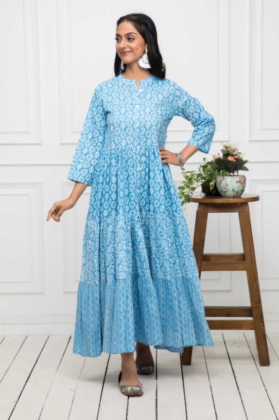 Women's Blue Floral Cotton A-Line Mandarin Collar Long Dress