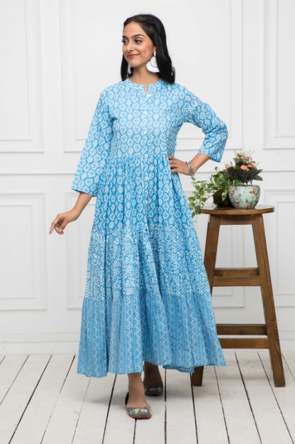 Women's Blue Floral Cotton A-Line Mandarin Collar Long Dress