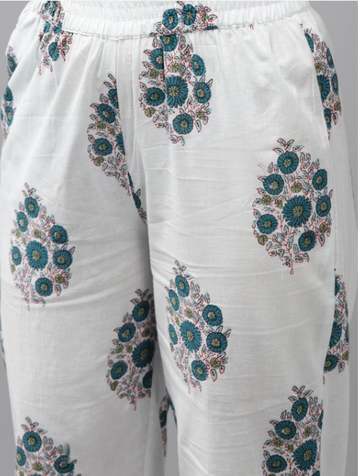 Women's Green Hand Block Printed Kurta With Trouser And Dupatta