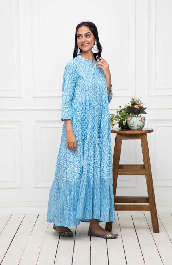 Women's Blue Floral Cotton A-Line Mandarin Collar Long Dress