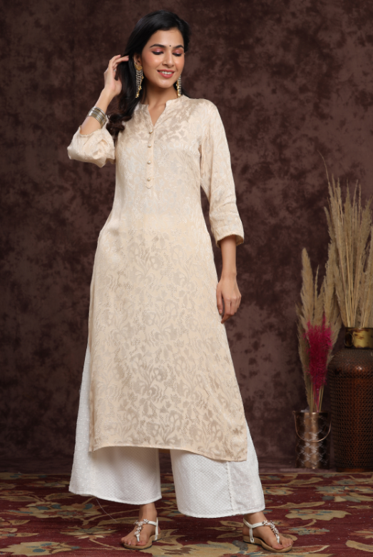 Women's Ivory Rayon Jacquard Straight Kurta