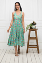Women's Green Floral Cotton A-Line Round Neck Long Dress
