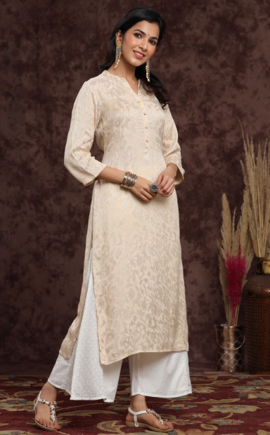 Women's Ivory Rayon Jacquard Straight Kurta