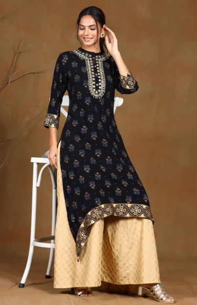 Women's Black Rayon Dobby Asymmetric Kurta