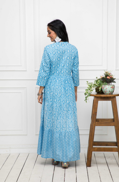 Women's Blue Floral Cotton A-Line Mandarin Collar Long Dress